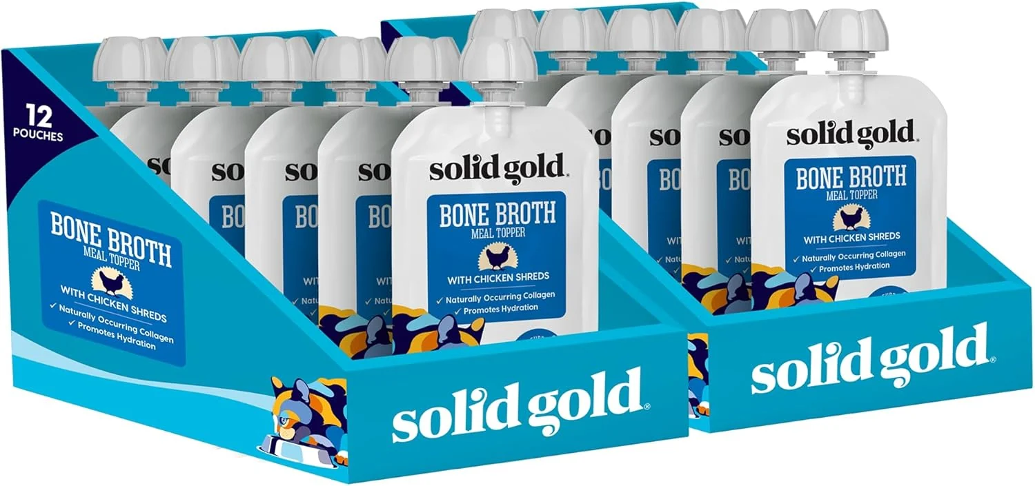 Classic Solid Gold Bone Broth Cat Food Topper - Limited Ingredient Lickable Cat Broth Pouches w Chicken Protein Shreds Collagen for Hydration Gut Support - Easy to Serve Gravy for Cats Meal Topper - 12ct Easy-to-Use