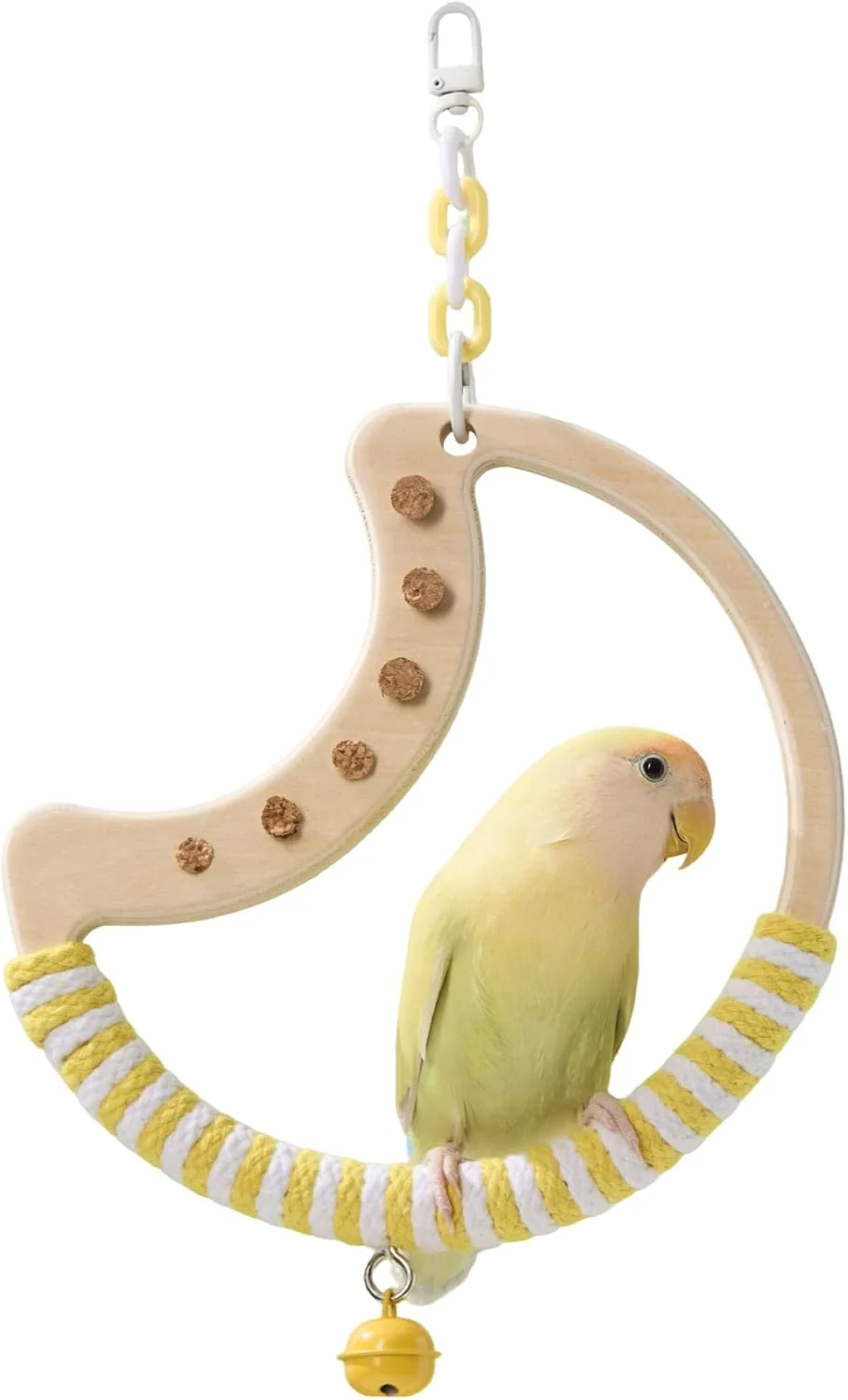 Verified Natural Bird Swing - Moon-Shaped Parrot Perch with Bell and Cork Toys Spinning Wooden Stand for Parakeets Budgies Lovebirds and Small Medium Birds White Yellow Consistent
