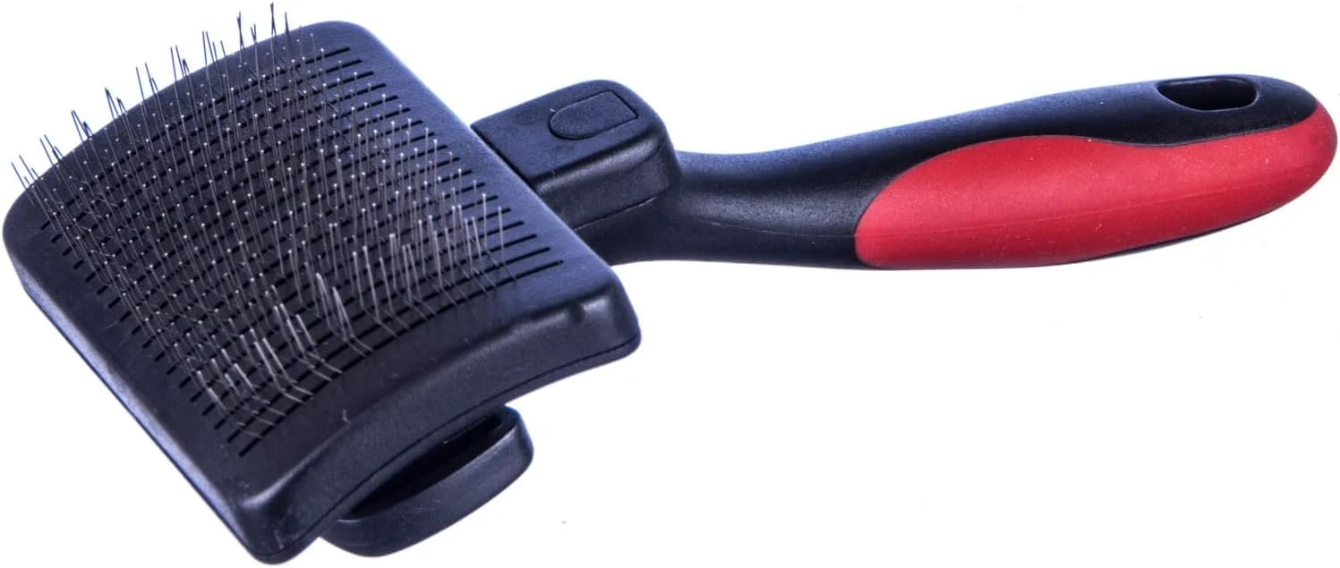 Eco-Friendly Jeffers Pet Self-Cleaning Slicker Brush for Dogs Cats – Self Cleaning Button Removes Tangles Loose Hair Non Slip Handle for Easy Grooming Go To Gift for Pet Owners – Black Red - Small Organic