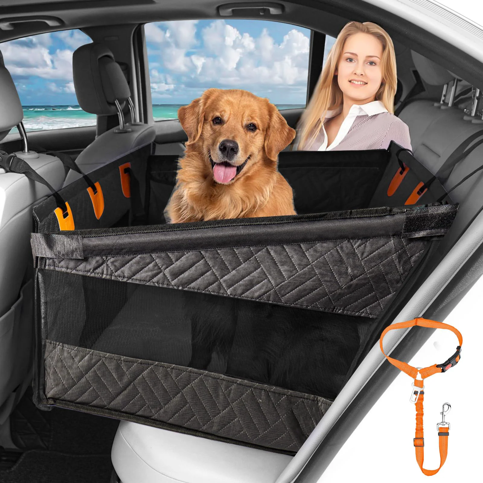 Unique XUYEDOGLSH Dog Car Seat for Large Medium Dogs — Hard Bottom Extender with Soft Removable Blanket Non-Slip Crafted
