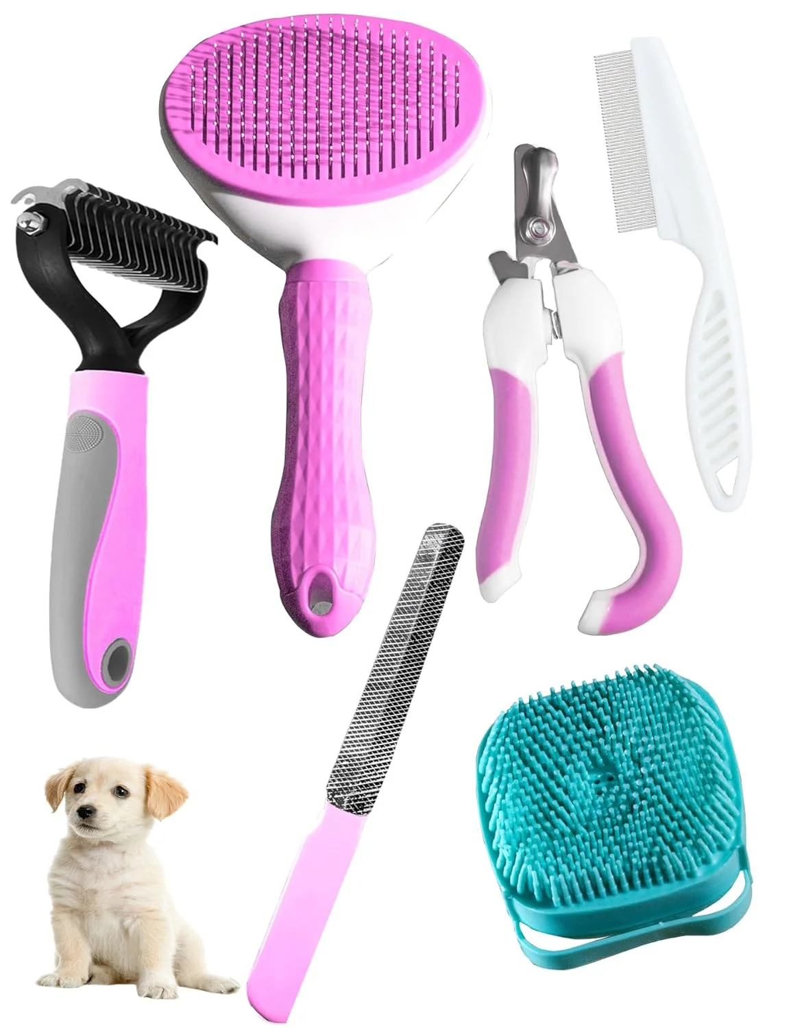 Authentic 6ps Dog Cat Brush Grooming Kitf Dog Cat Brushes Bath Brush Dematting Rake and Comb Nail Clipper Nail File Flea Comb Pink 6 Kits Fine Crafted