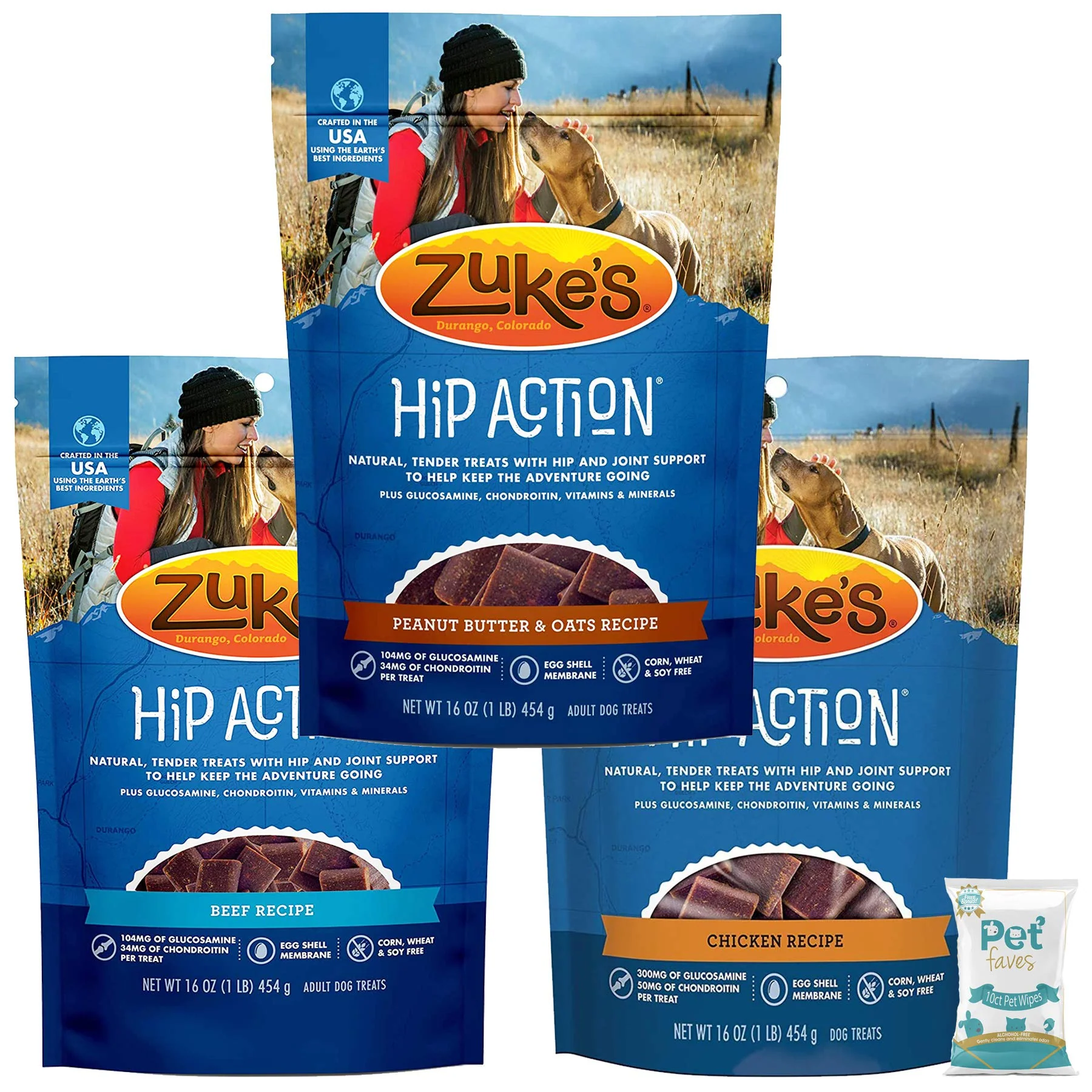 Classic Pet Faves 3 Pack Zuke Hip Action Hip Joint Dog Treats – 16oz Each 10ct Wipes Original Design