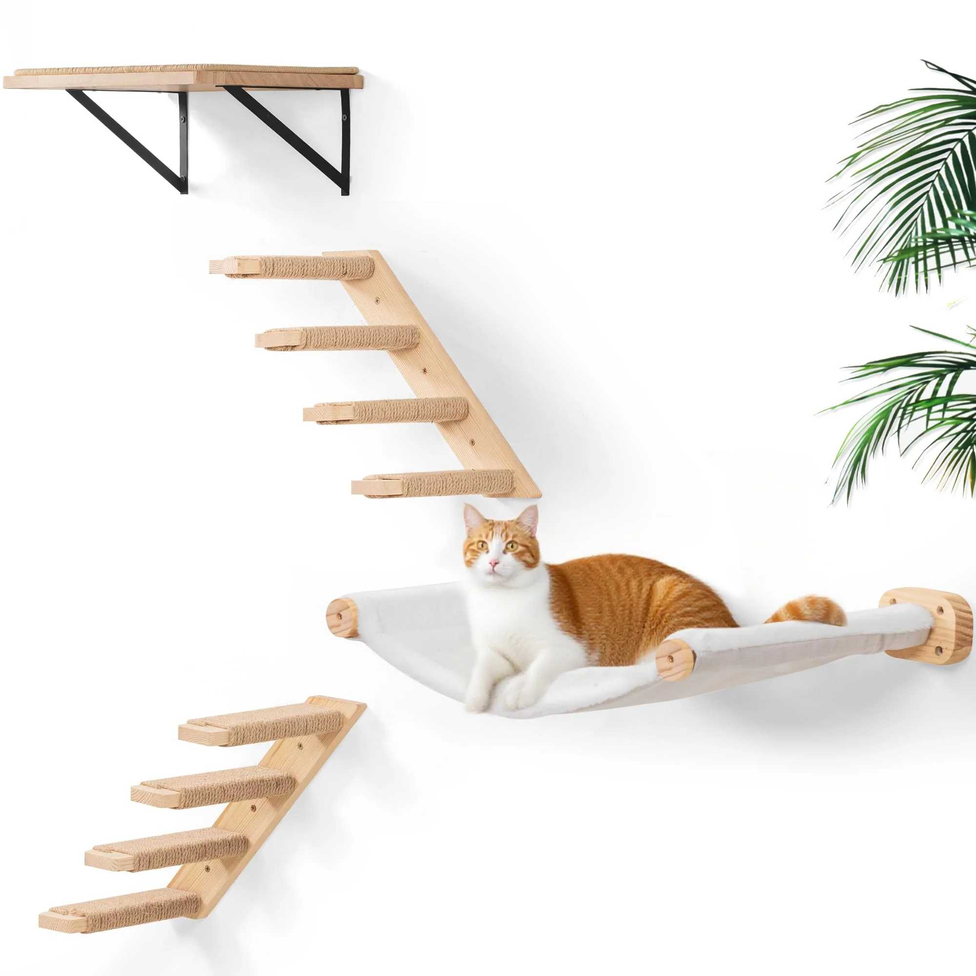 Recyclable PEL UOMOZ Cat Wall Hammock Set of 4 – Curved Hammock 2 Four‑Step Ladders Flat Shelf Minimalist