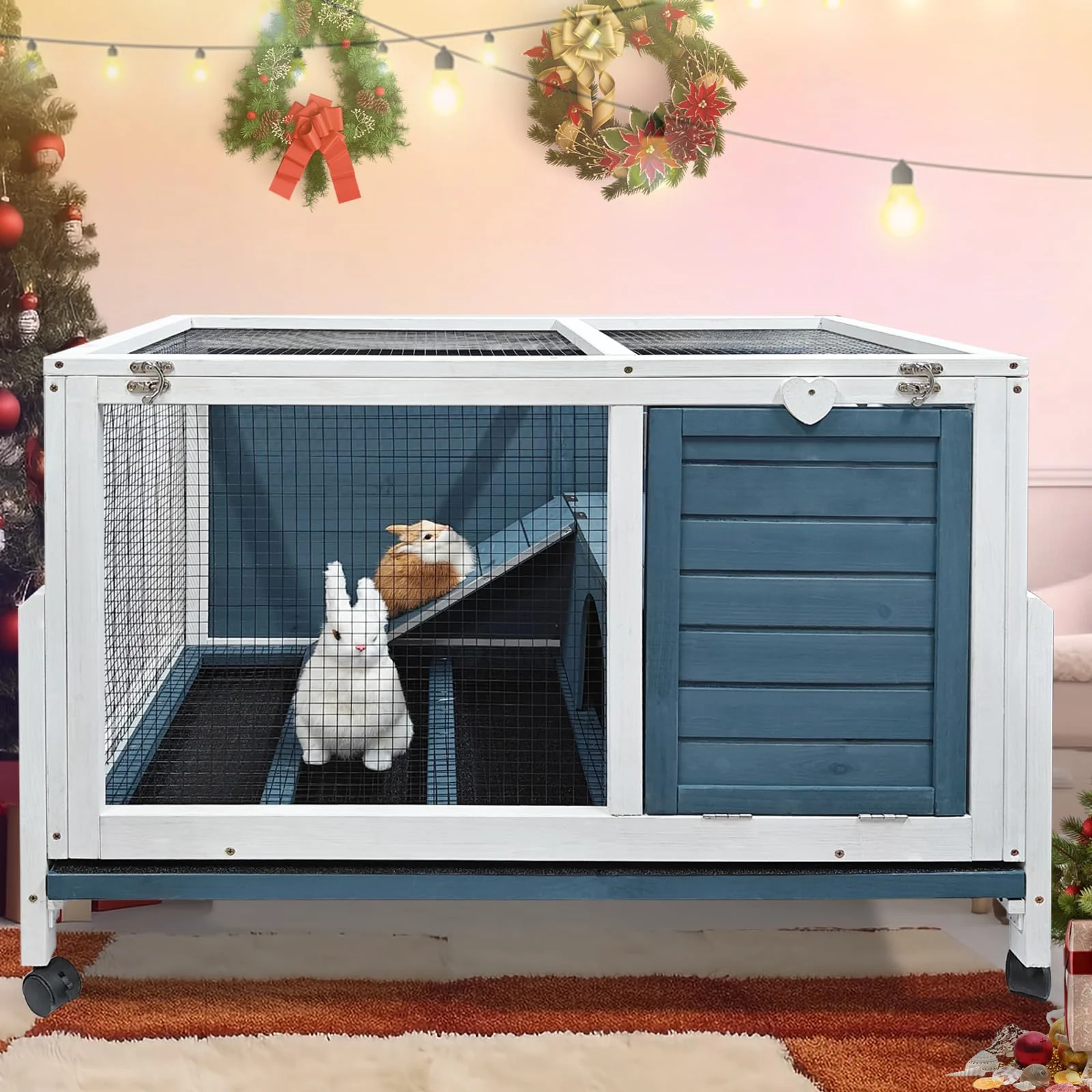 Sustainable RUNSHED Two Floors Wooden Indoor Bunny Hutch on Wheels – Waterproof No-Leak Tray Next-Generation
