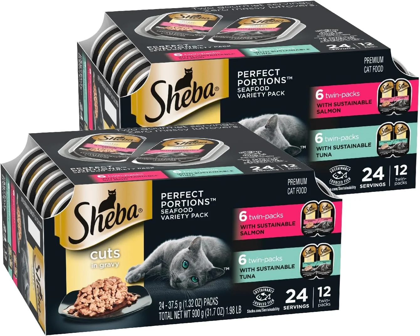 Flexible Sheba Portions Wet Cat Food Cuts in Gravy Variety Pack with Sustainable Tuna and with Sustainable Salmon 2.6 oz. Twin-Pack Trays 12 Count 24 Servings Pack of 2 Enhanced