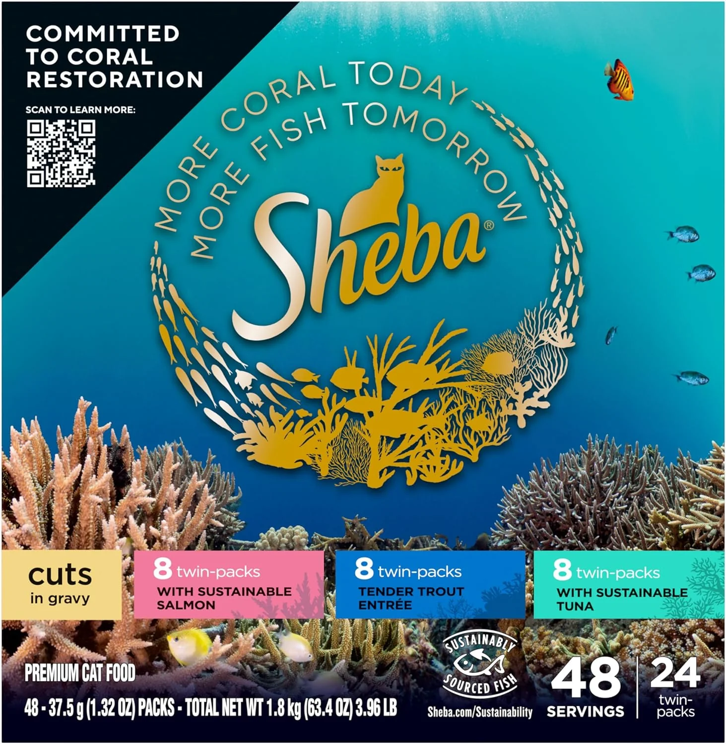 Prestigious Sheba Portions Wet Cat Food Cuts in Gravy Variety Pack with Sustainable Salmon Tender Trout Entree and with Sustainable Tuna 2.6 oz. Twin-Pack Trays 24 Count 48 Servings Green