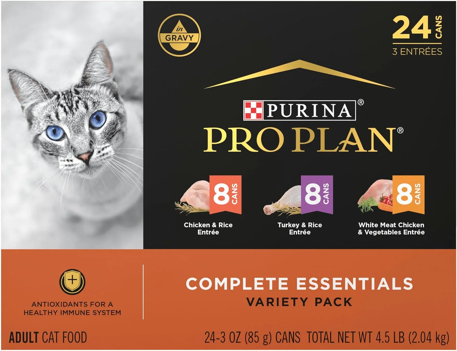 Carefully Designed Purina Pro Plan Gravy High Protein Wet Cat Food Variety Pack Complete Essentials Chicken and Turkey Favorites - Pack of 24 3 oz. Cans Powerful