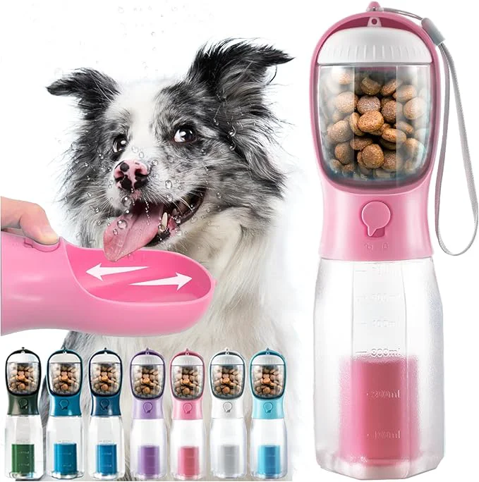 Specialty Portable Water Bottle for Dogs 3 in 1 Pet Travel Bowl Dispenser with Food Treat Container Poop Bag Holder Summer Outdoor Walking Hiking Accessories for Large Dog On The Go - Pink 20ozAbout ThisOverview Professional