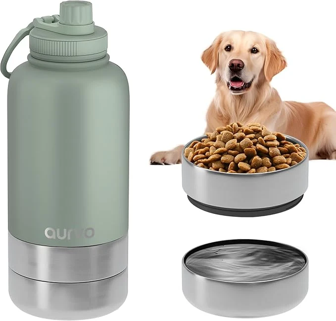 Flexible 32oz Dog Water Bottle with Bowls - Leakproof Insulated Stainless Steel Portable Travel Bottle for Hiking Camping Outdoor Use Muted Olive 32oz About ThisOverview Top-Quality