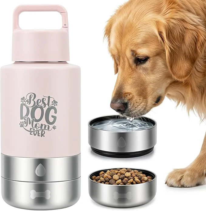 Classic 32oz Insulated Dog Water Bottle Dispenser 3-in-1 Stainless Steel Travel Cup with 2 Detachable Food and Water Bowls Leak Proof Large Pet Gear Dog Mom Gift for Dog LoversAbout ThisOverview Safe