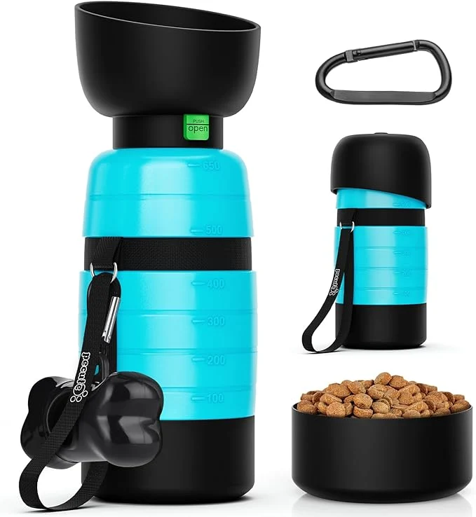 Trusted Pecute Dog Water Bottle Portable 22 oz with 5 oz Food Container Poop Bag Holder Portable Dog Water Bottle Dispenser Leakproof Lightweight Pet Water Bottle for Dogs Outdoor Travel WalkingAbout ThisOverview Premium Material