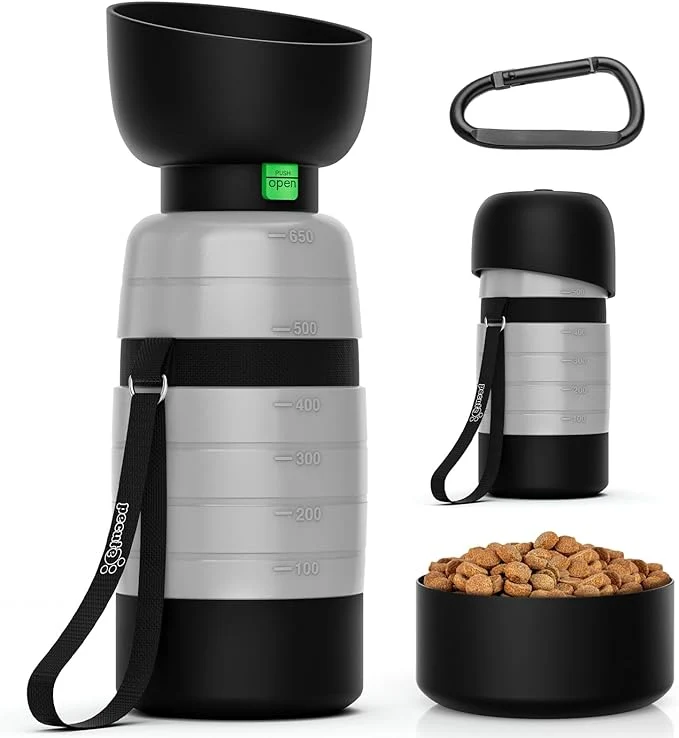 Recyclable Pecute 3-in-1 Dog Water Bottle – 22oz Water 5oz Food Container Foldable Bowl for Outdoor Travel High-End
