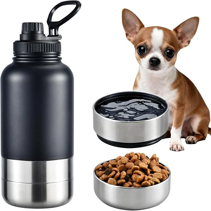 Durable Insulated Dog Water Bottle with 2 Bowls 32oz Travel Stainless Steel Double Wall Thermos Portable Pet Dispenser Gifts for Puppy Small Medium Dogs Walking Hiking and CampingAbout ThisOverview Outstanding