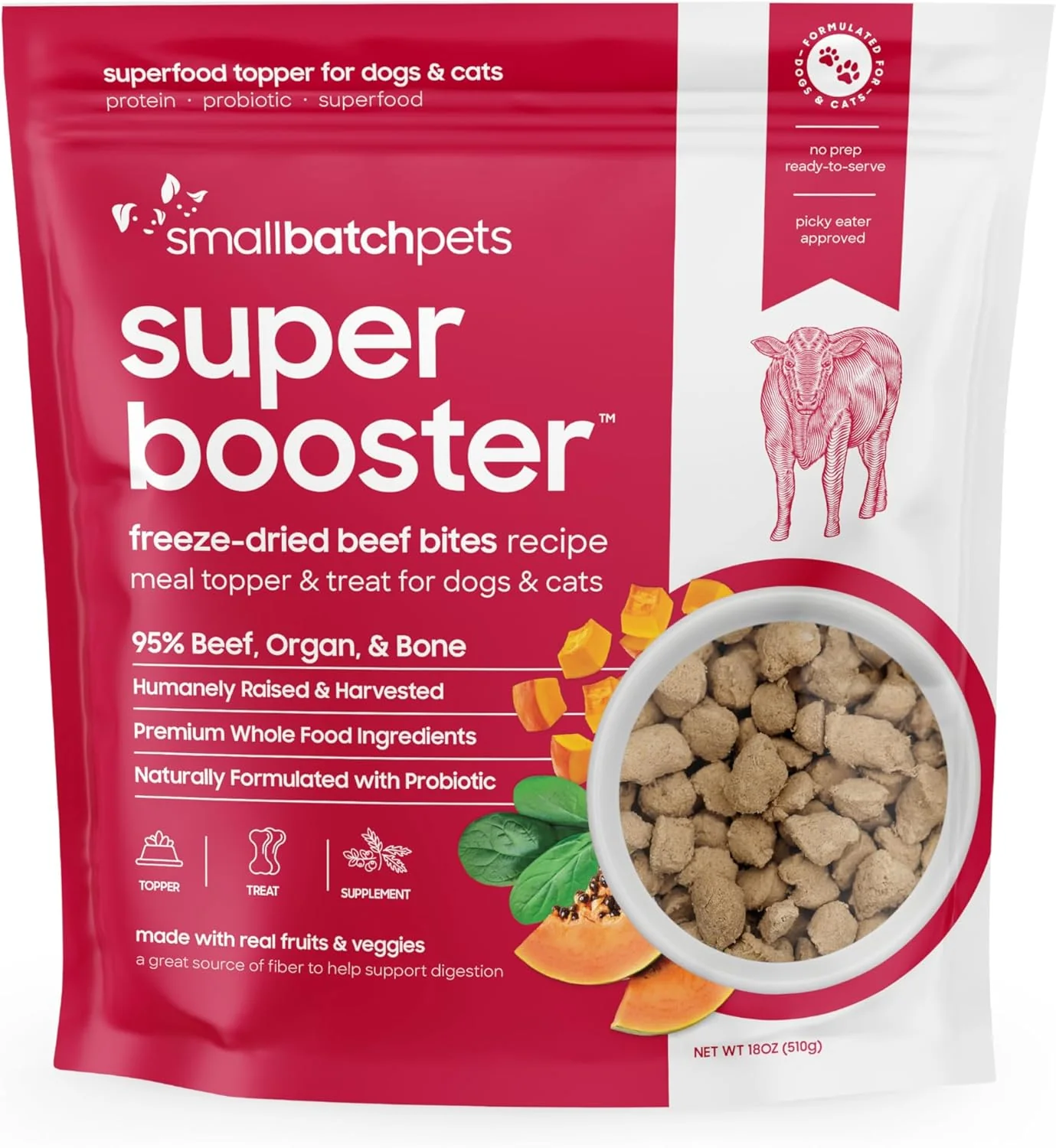 Premium Material Smallbatch ze Dried Dog Treats Superfood Food Topper Beef Bites for Dogs Cats Probiotics Organic Ingredients High Protein Grain Healthy Treat Food Topper Made in The USA 18 oz Bag Dependable