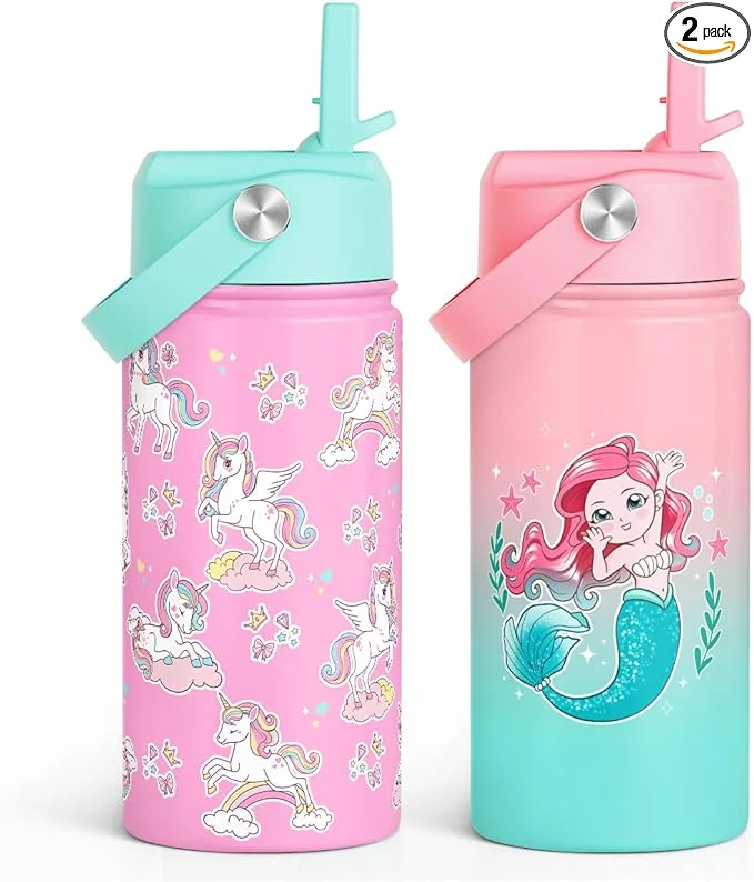 Durable SANDJEST Kid Water Bottle 12oz with Straw Lid - 2-Pack Insulated Stainless Steel Water Bottles for Kids Girls - Travel Cup for School Sports Unicorn MermaidAbout ThisOverview Efficient
