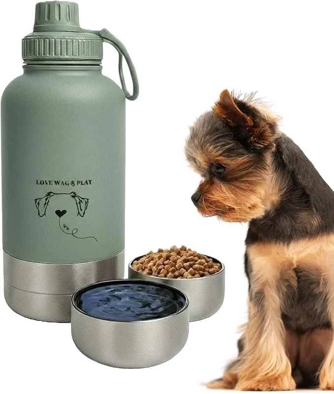 First-Class Love Wag Play Dog Water Bottle with Food Bowls Portable Stainless Steel Bottle for Dogs Leakproof Travel Design with Detachable Bowls for Walks Hikes and Outdoor Adventures 32 oz About ThisOverview Sustainable