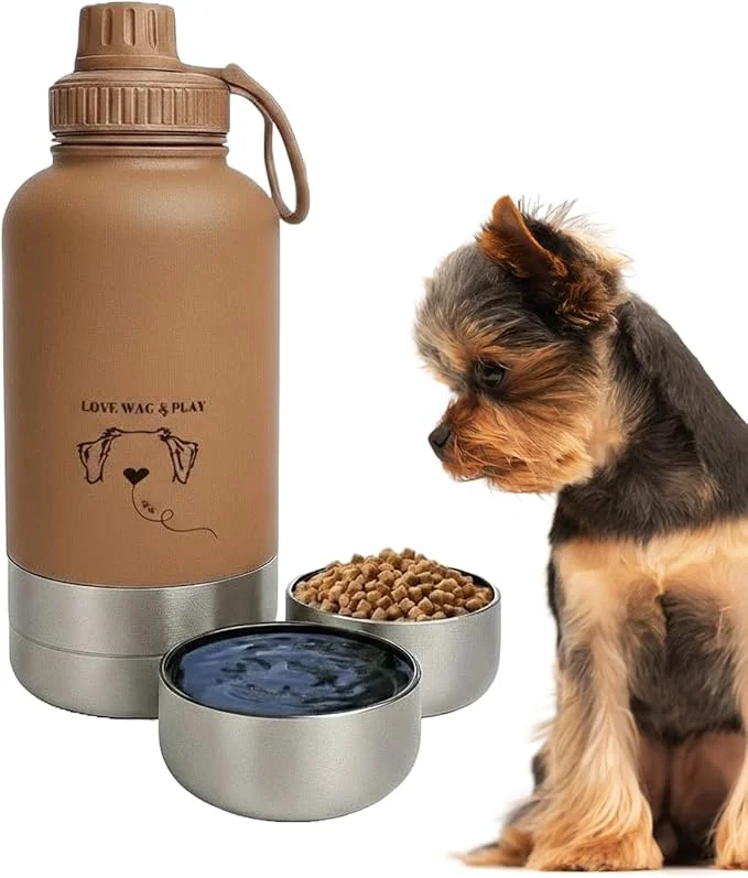 Quality Love Wag Play Dog Water Bottle with Food Bowls Portable Stainless Steel Bottle for Dogs Leakproof Travel Design with Detachable Bowls for Walks Hikes and Outdoor Adventures 32 oz About ThisOverview Modern