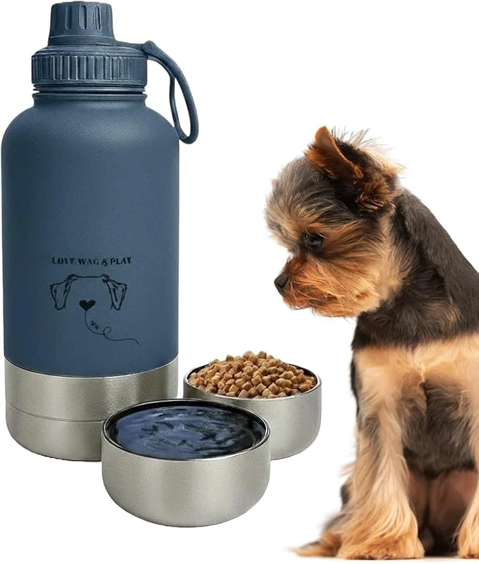 Easy-to-Use Love Wag Play Dog Water Bottle with Food Bowls Portable Stainless Steel Bottle for Dogs Leakproof Travel Design with Detachable Bowls for Walks Hikes and Outdoor Adventures 32 oz About ThisOverview Comfortable