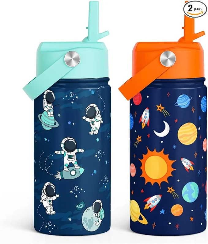 Classic Kid Water Bottle 12oz with Straw Lid - 2-Pack Insulated Stainless Steel Water Bottles for Kids Boys Girls - Travel Cup for School Sports Outer Space AstronautAbout ThisOverview Traditional