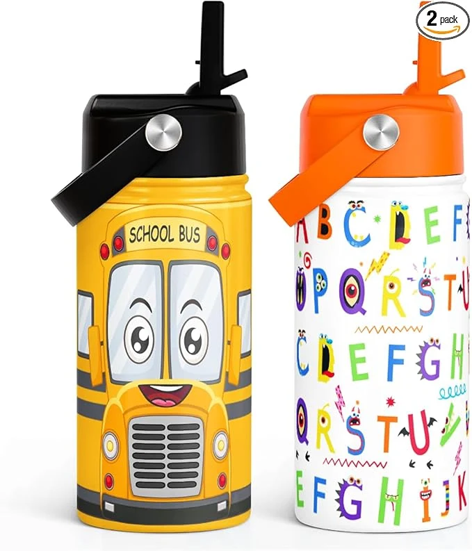 Natural Kid Water Bottle 12oz with Straw Lid - 2-Pack Insulated Stainless Steel Water Bottles for Kids Girls Boys - Travel Cup for Back to School Sports Christmas Birthday Alphabet School Bus About ThisOverview Powerful