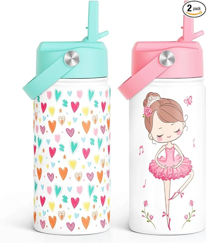 Minimalist Kid Water Bottle 12oz with Straw Lid - 2-Pack Insulated Stainless Steel Water Bottles for Kids Girls - Travel Cup for Back to School Sports Christmas Birthday Ballerina Heart About ThisOverview Powerful