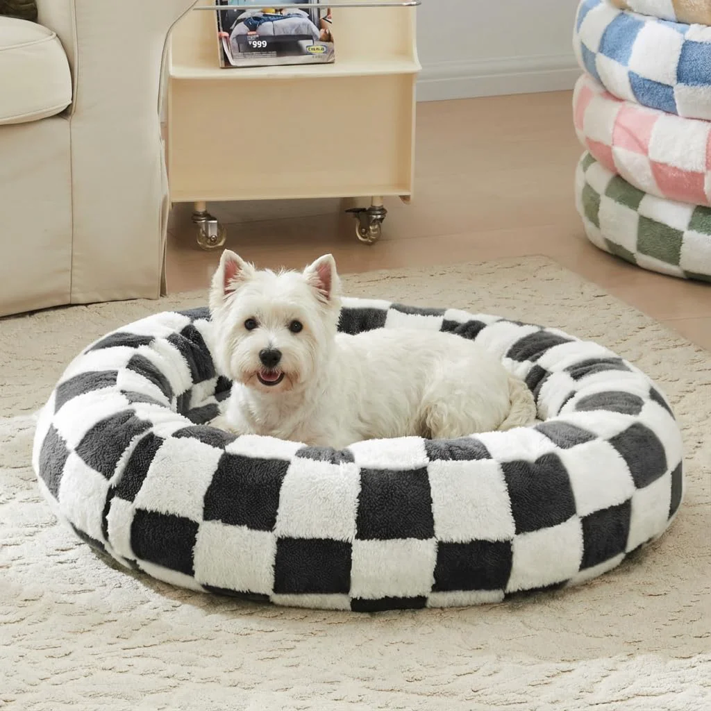 Efficient Ohocut Checkered Dog Bed Round Plush Donut Bed for Small Dogs Cats 30-Inch Diameter Washable Authentic