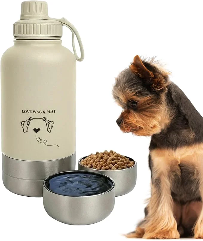 Prestigious Love Wag Play Dog Water Bottle with Food Bowls Portable Stainless Steel Bottle for Dogs Leakproof Travel Design with Detachable Bowls for Walks Hikes and Outdoor Adventures 32 oz About ThisOverview Easy-to-Use