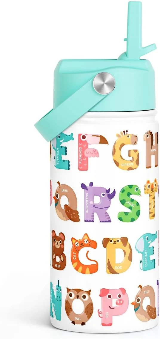 Practical SANDJEST Alphabet Kids Water Bottle with Straw Lid 12oz Insulated Stainless Steel Travel Tumbler Animal Gifts for Boys Girls Birthday Christmas Back to SchoolAbout ThisOverview Versatile