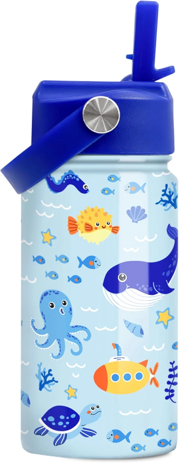 Practical SANDJEST Kids Water Bottle with Straw Lid - 12 Oz Insulated Stainless Steel Ocean Water Bottles for Kid Boys - Travel Cup for School SportsAbout ThisOverview Premium
