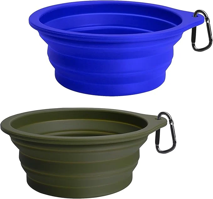 Sustainable PetBonus 2-Pack Silicone Collapsible Dog Bowls BPA Dishwasher Safe Portable Foldable Expandable Travel Bowl Food Water Feeding Cup Dish for Dogs Cats with 2 Carabiners Army Green Blue About ThisOverview Classic