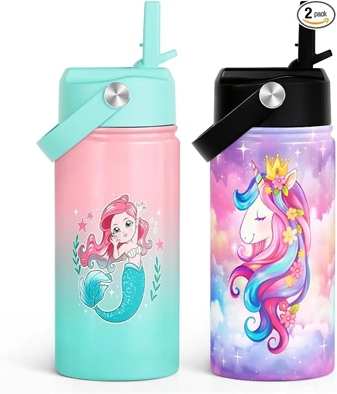 Expertly Made Kid Water Bottle 12oz with Straw Lid - 2-Pack Insulated Stainless Steel Water Bottles for Kids Girls - Travel Cup for Back to School Sports Christmas Birthday Unicorn Mermaid About ThisOverview Powerful