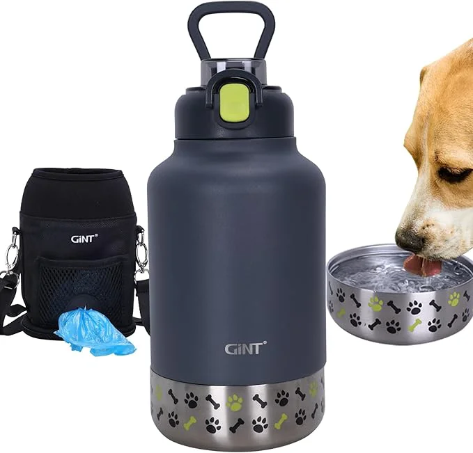 Top-Quality GiNT 37oz Insulated Stainless Steel Dog Human Water Bottle Leakproof Travel Dispenser with Detachable 10oz Bowl 24H Cold 12H Hot Carrying Case for Walking Hiking Camping Outdoor TravelAbout ThisOverview Convenient