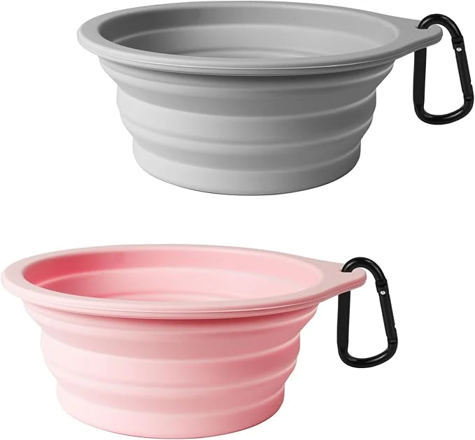 Crafted PetBonus 2-Pack Silicone Collapsible Dog Bowls BPA Dishwasher Safe Portable Foldable Expandable Travel Bowl Food Water Feeding Cup Dish for Dogs Cats with 2 Carabiners （Grey Chalk Pink）About ThisOverview Stylish