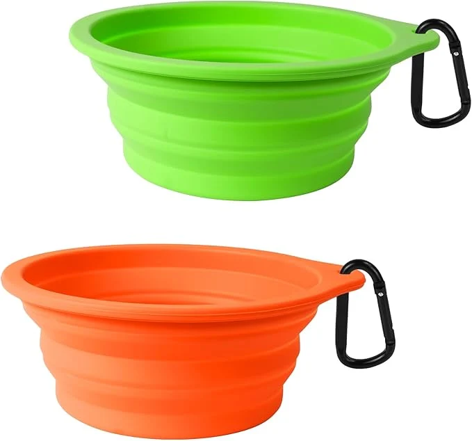 Superior PetBonus 2-Pack Silicone Collapsible Dog Bowls BPA Dishwasher Safe Portable Foldable Expandable Travel Bowl Food Water Feeding Cup Dish for Dogs Cats with 2 Carabiners Green Orange About ThisOverview Durable