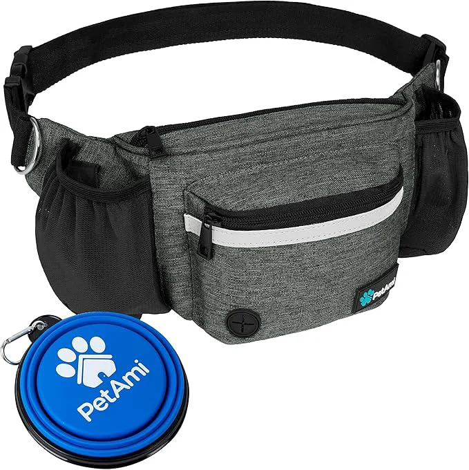 Innovative PetAmi Dog Fanny Pack Treat Pouch for Dog Walking Training Built in Poop Bag Dispenser Water Bottle Holder Collapsible Bowl Pet Treat Waist Belt for Hiking Running Kibbles Charcoal About This Advanced