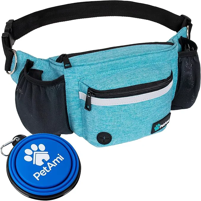 Genuine PetAmi Dog Fanny Pack Treat Pouch for Dog Walking Training Built in Poop Bag Dispenser Water Bottle Holder Collapsible Bowl Pet Treat Waist Belt for Hiking Running Kibbles Turquoise About This Powerful