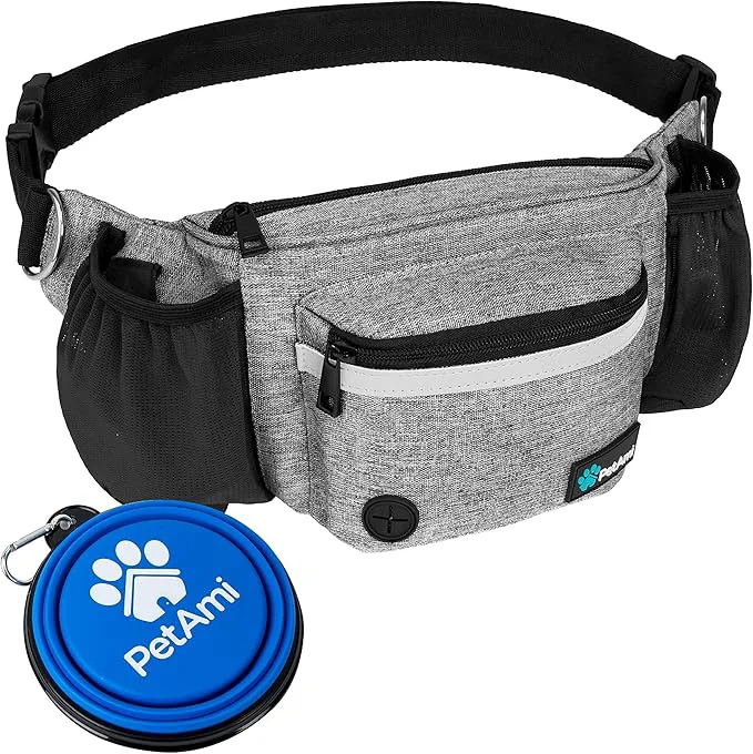 Carefully Designed PetAmi Dog Fanny Pack Treat Pouch for Dog Walking Training Built in Poop Bag Dispenser Water Bottle Holder Collapsible Bowl Pet Treat Waist Belt for Hiking Running Kibbles Grey About This World-Class