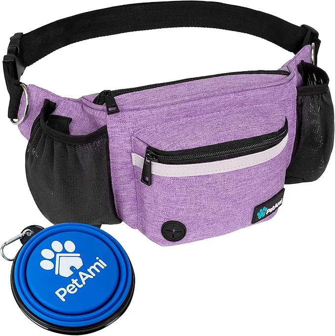 Minimalist PetAmi Dog Fanny Pack Treat Pouch for Dog Walking Training Built in Poop Bag Dispenser Water Bottle Holder Collapsible Bowl Pet Treat Waist Belt for Hiking Running Kibbles Purple About This Responsible