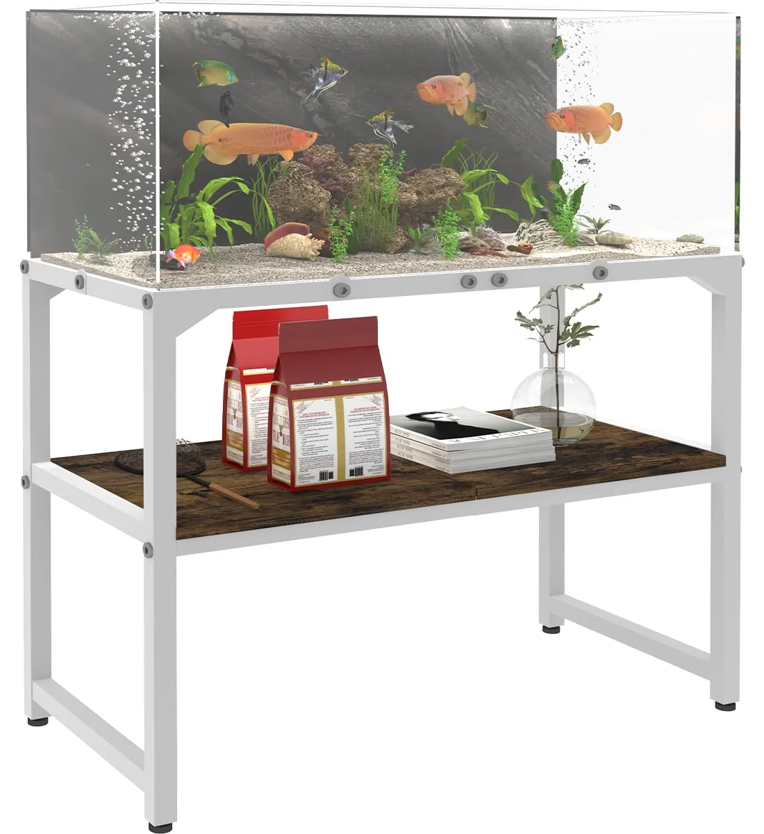 Verified Mondazie 30 Gallon Rimless Aquarium Stand with Storage – 2-Tier White Metal Stand 30 L x 12 W x 20.5 H Smart