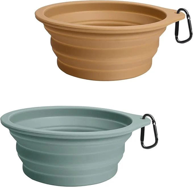Specialty PetBonus 2-Pack Silicone Collapsible Dog Bowls BPA Dishwasher Safe Portable Foldable Expandable Travel Bowl Food Water Feeding Cup Dish for Dogs Cats with 2 Carabiners Turquoise Tan About ThisOverview High-Performance