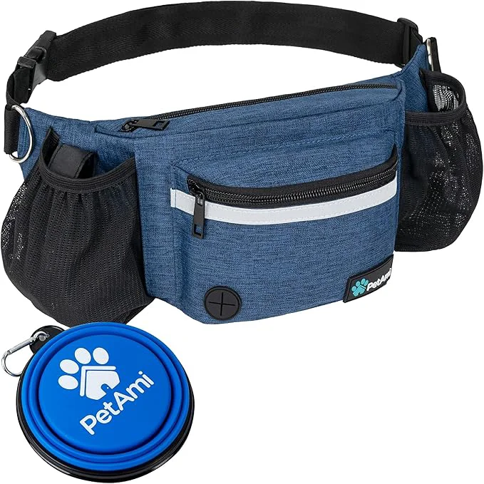 Artisan PetAmi Dog Fanny Pack Treat Pouch for Dog Walking Training Built in Poop Bag Dispenser Water Bottle Holder Collapsible Bowl Pet Treat Waist Belt for Hiking Running Kibbles Navy Blue About This Convenient