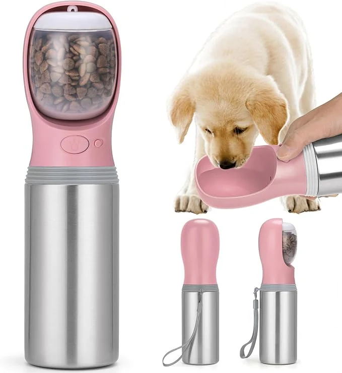 Classic Portable Dog Water Bottle with Food Container 14 OZ Stainless Steel Leak Proof Puppy Water Dispenser with Drinking Feeder for Pets Travel Walking Hiking and Outdoor ActivitiesAbout ThisOverview Clean