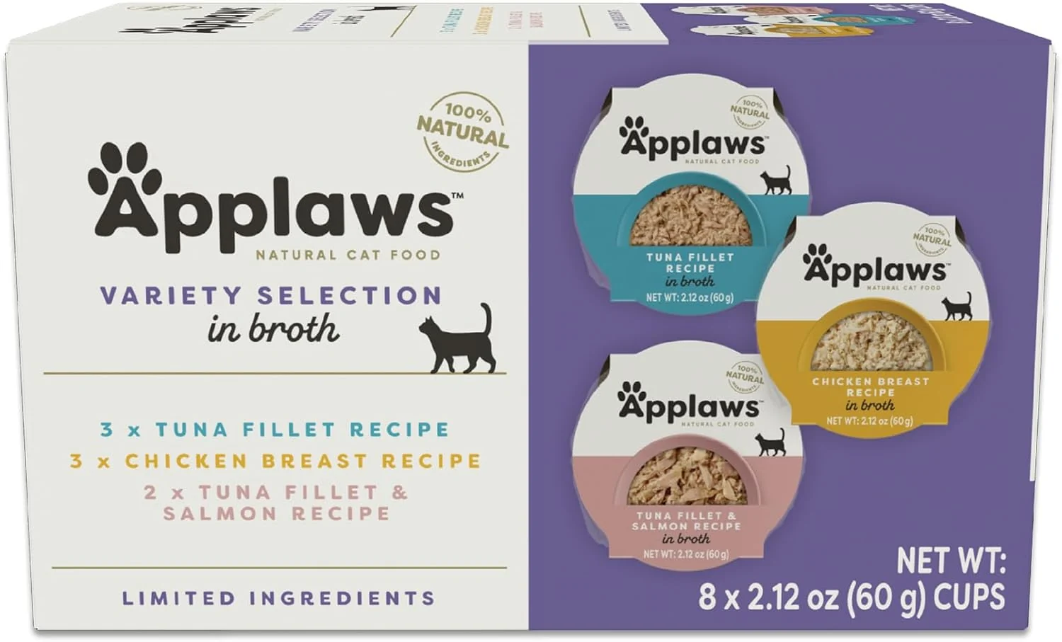 Optimized Applaws Natural Wet Cat Food Limited Ingredient Grain- Protein with No Artificial Additives Variety Pack in Broth 8X 2.12 oz Easy-Open Cups Official