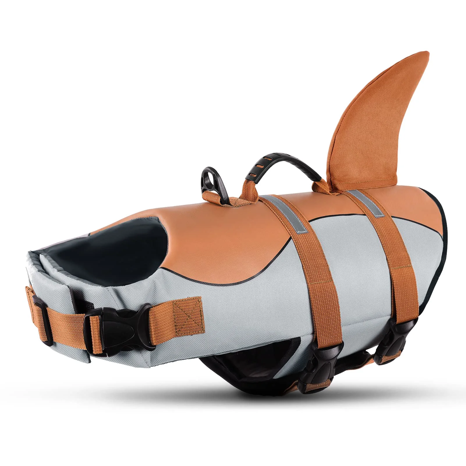 Unique Queenmore Dog Life Jacket Medium Brown — Adjustable Reflective Shark-Fin Vest with Rescue Handle Green