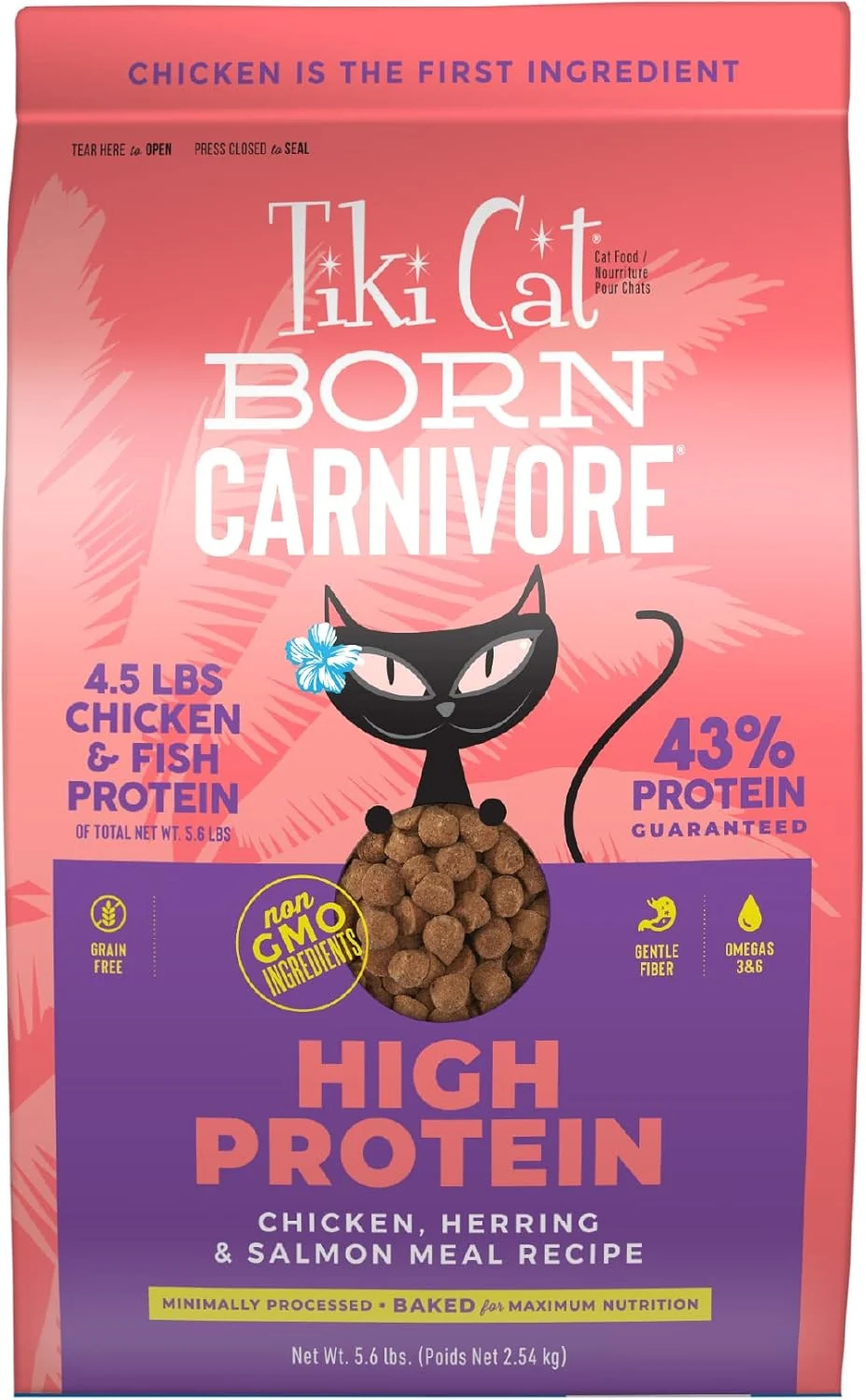 Carefully Designed Tiki Cat Born Carnivore High Protein Chicken Herring Salmon Meal Grain- Baked Kibble to Maximize Nutrients Dry Cat Food 5.6 lbs. Bag Crafted