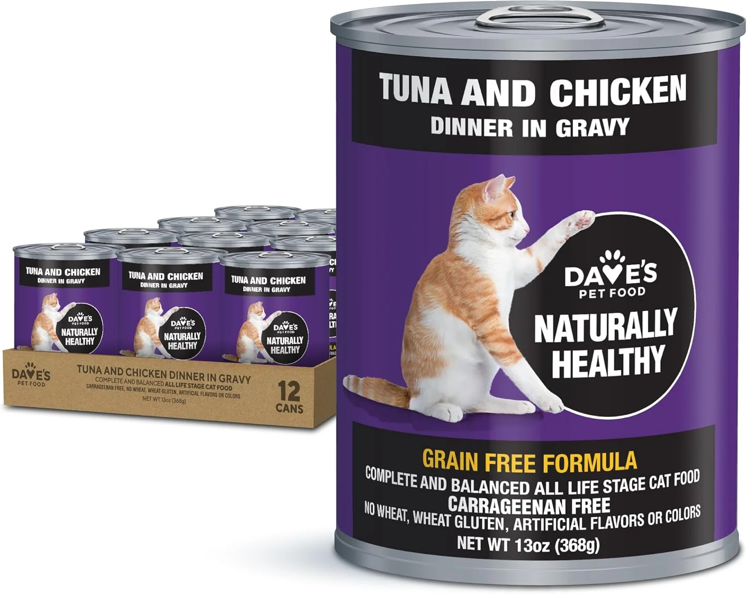 Relaxed Dave's Pet Food Grain Wet Cat Food Tuna Chicken Dinner in Gravy Naturally Healthy Canned Added Vitamins Minerals Wheat Wheat Gluten- 13 oz 12 Pack Traditional