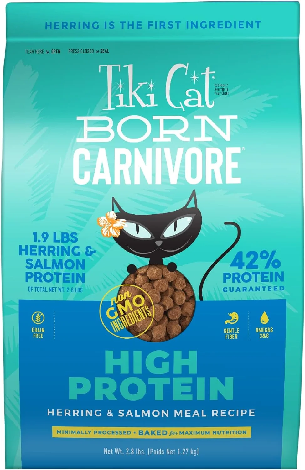 Natural Tiki Cat Born Carnivore High Protein Dry Cat Food Herring Salmon Meal 2.8 lbs. Bag Traditional