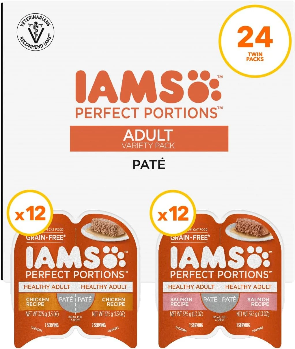 Green IAMS Portions Healthy Adult Wet Cat Food Pate Chicken and Salmon Recipe Variety Pack 2.6 oz. Twin-Pack Trays 24 Count 48 Servings Powerful