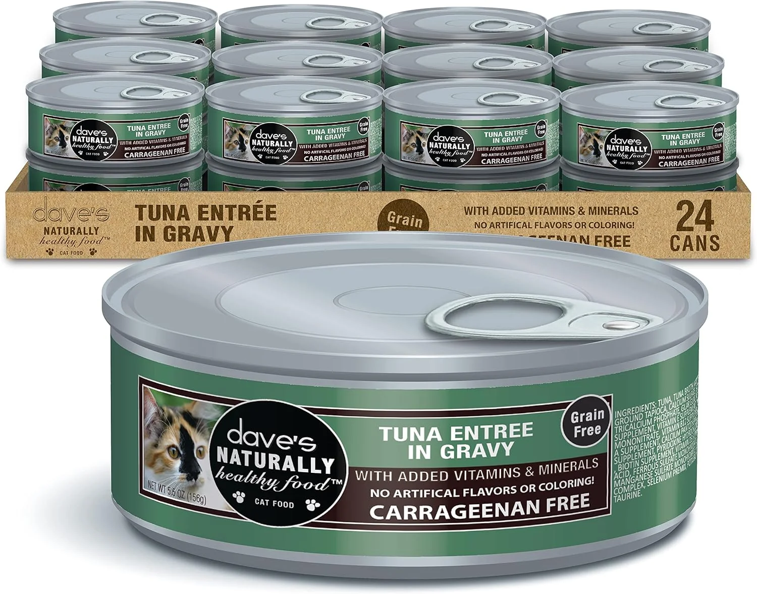 Authentic Dave's Pet Food Grain Wet Cat Food Tuna Entree in Gravy Naturally Healthy Canned Added Vitamins Minerals 5.5 oz Cans 24 Pack Functional