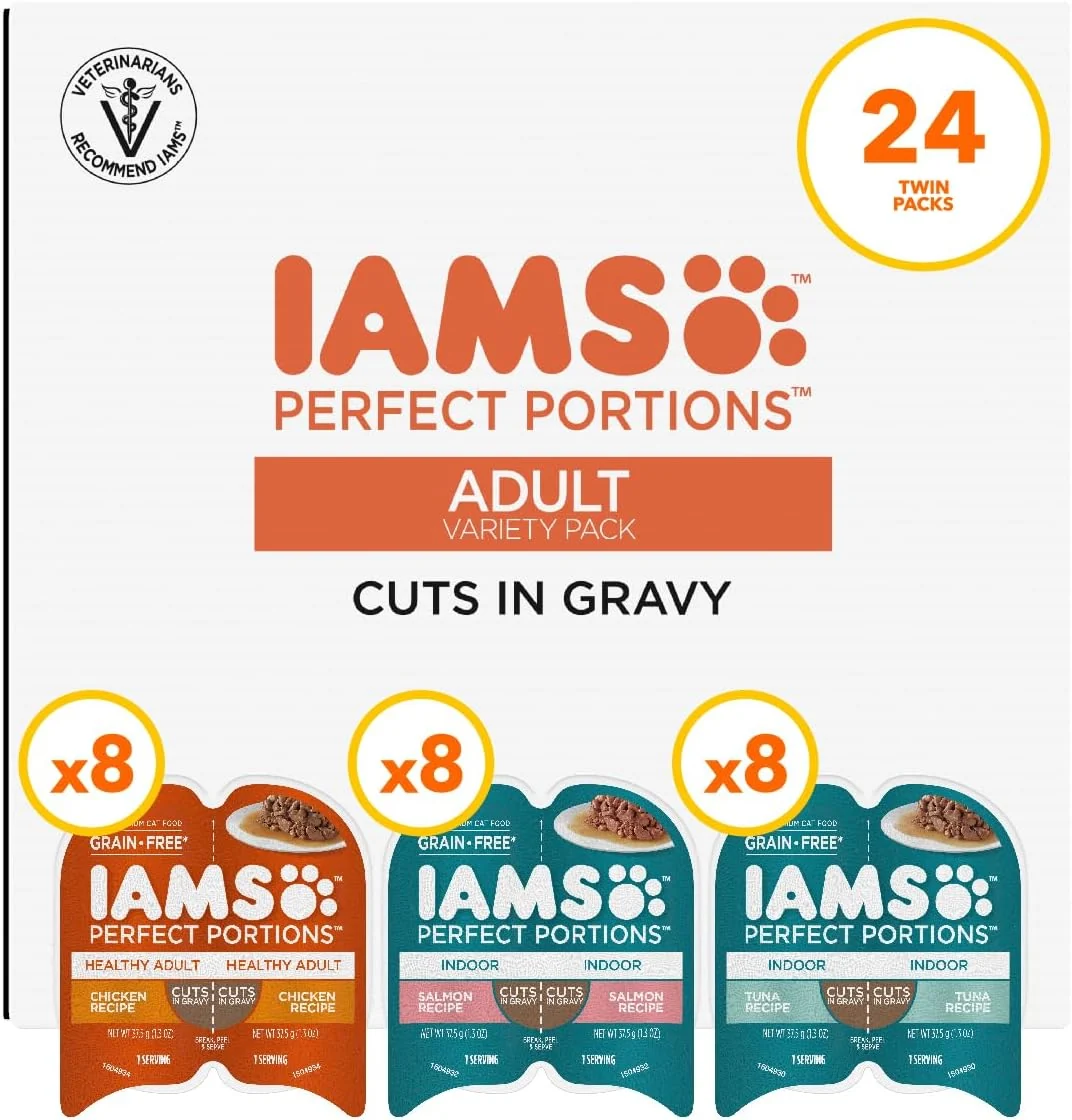 Fine Crafted IAMS Portions Adult Wet Cat Food Cuts in Gravy Chicken Tuna and Salmon Recipe Variety Pack 2.6 oz. Easy Peel Twin-Pack Trays 24 Count 48 Servings Expertly Made